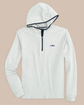 The front view of the LSU Tigers Scuttle Heather Performance Quarter Zip Hoodie by Southern Tide - Heather Slate Grey