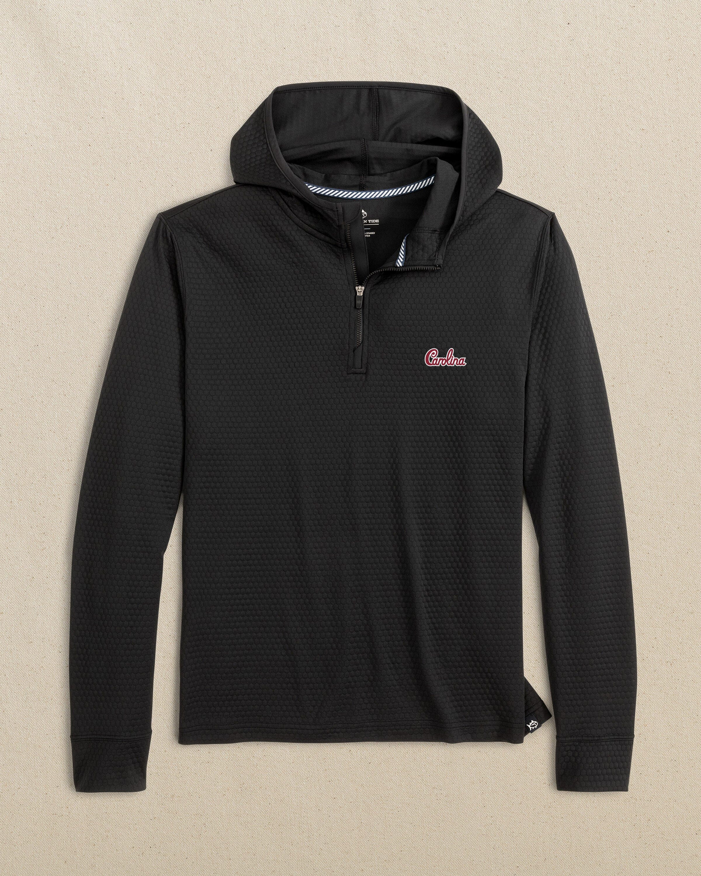 The front view of the Southern Tide USC Gamecocks Carolina Scuttle Quarter Zip Hoodie by Southern Tide - Caviar Black